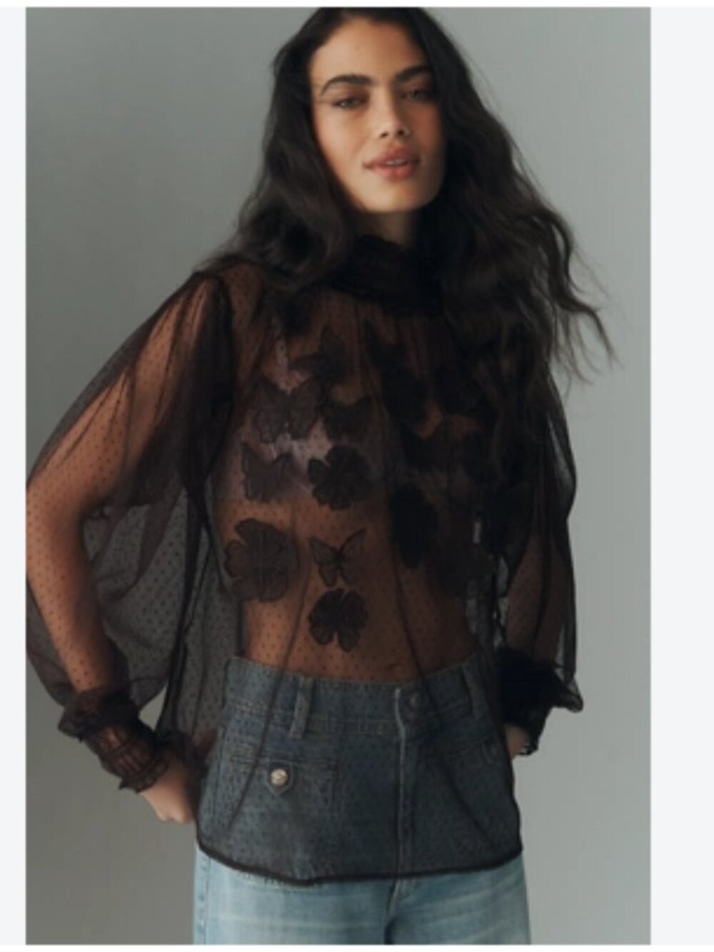 By Anthropologie 3D Butterfly Sheer Blouse in Cocoa – Size Small - NWT